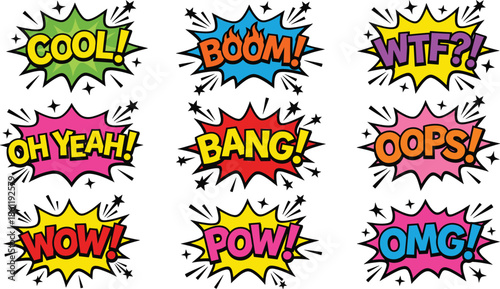 Colorful comic speech bubbles pop art set, with cool boom bang wow pow omg oops wtf expressions isolated on white background, vector illustration collection