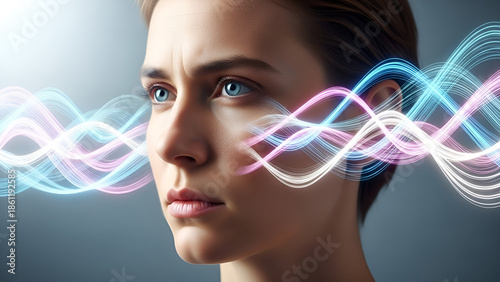 Futuristic Neural Connection. Woman's profile with glowing energy waves representing data, AI interface, or mind science.
