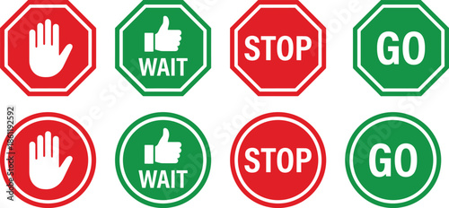 Colorful stop and go traffic signs set, red and green road symbols, wait hand gesture, circular and octagonal safety icons isolated on white background