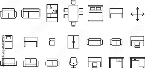 Furniture icon set, modern home interior symbols, sofa table chair bed desk cabinet bookshelf, outline vector illustration, minimalist flat design, architectural planning elements