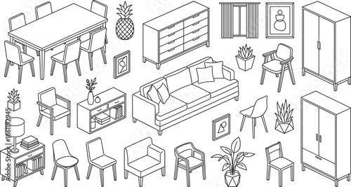 Isometric furniture collection line art illustration, modern home interior design elements, sofa table chairs wardrobe plants, living room dining room decor vector set blueprint