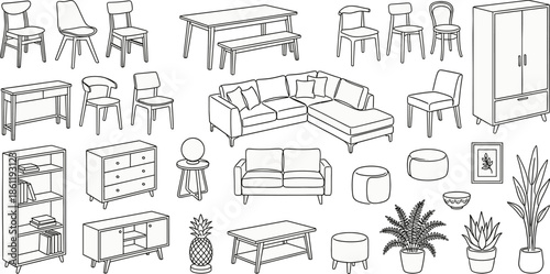 Modern furniture line art collection, chairs, tables, sofa, cabinet, indoor plants, minimalist home decor elements, interior design icons set, blue outline illustration