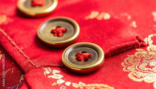 Traditional Chinese Red Silk Fabric with Decorative Buttons and Intricate Patterns.