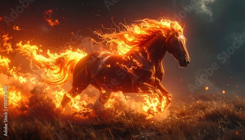 Fiery Horse Galloping Through a Dark Landscape with Intense Flames and Smoke.