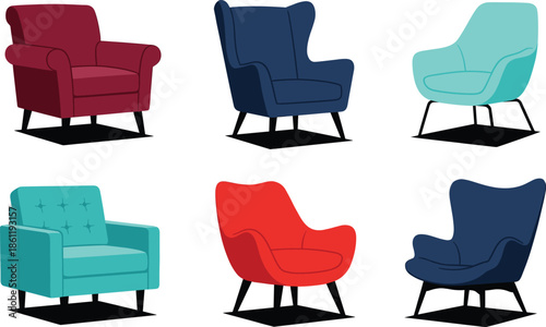 Modern armchair collection, colorful lounge chairs set, contemporary furniture illustration, minimalist interior seating design, stylish home decor elements, vector style