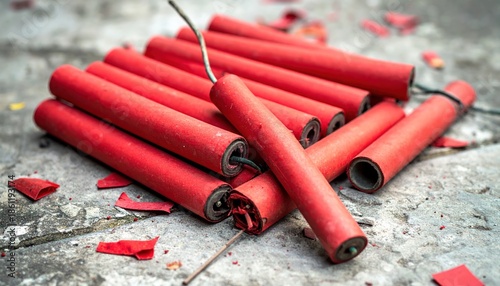 Red Firecrackers with Fuses on a Weathered Wooden Surface.