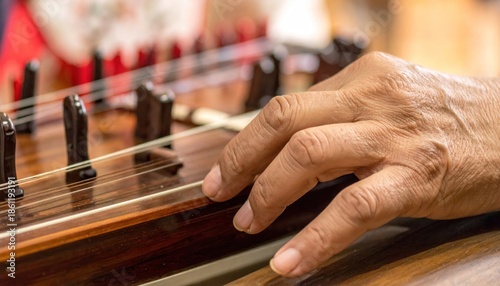 Close-up of a hand playing a traditional string instrument, showcasing musical artistry and cultural heritage.