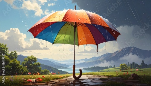 Vibrant Rainbow Umbrella Stands Alone in a Picturesque Landscape with Contrasting Weather.