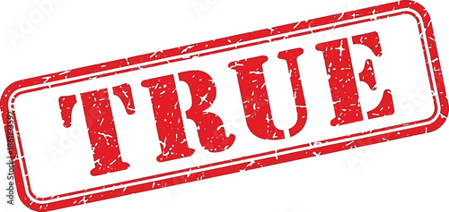 A vibrant red rectangular stamp displaying the word true in bold capitalized letters isolated on a white background