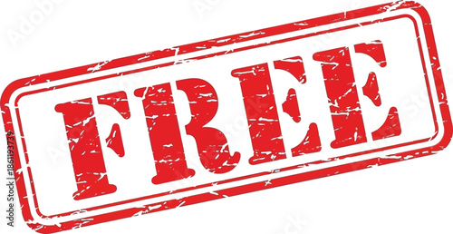 A distressed red rubber stamp boldly proclaims the word free on a plain white background signifying availability