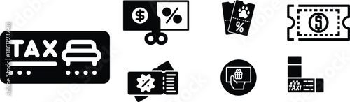 Taxi Fare Coupon and Money Ticket Icons for Discount Transport and Gift Cards