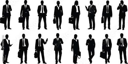 Silhouettes of businessmen in various poses with briefcases and suits