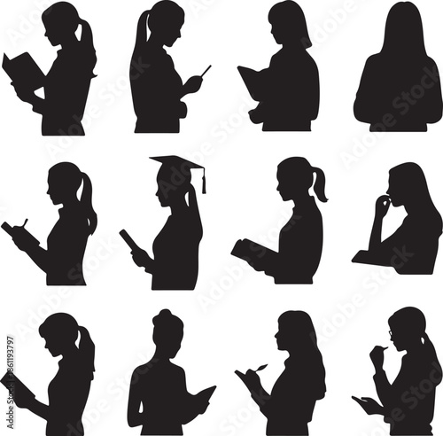 silhouettes of women reading and using devices