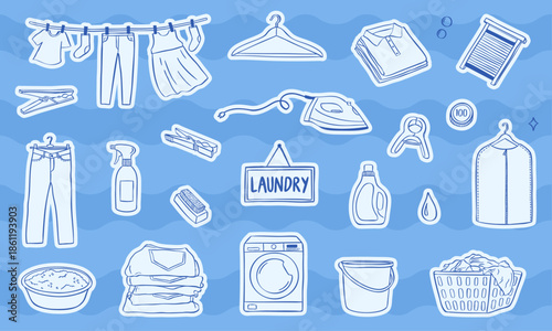 laundry theme doodle icon hand drawn sketch collection set - vector with blue wavy background