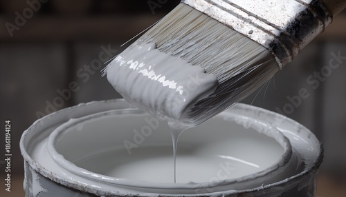  close-up shot captures a paintbrush heavily laden with creamy white paint, 