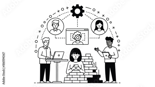 Isolated Line Art Illustration of Business Team Collaboration, Building Project, and Online Strategy