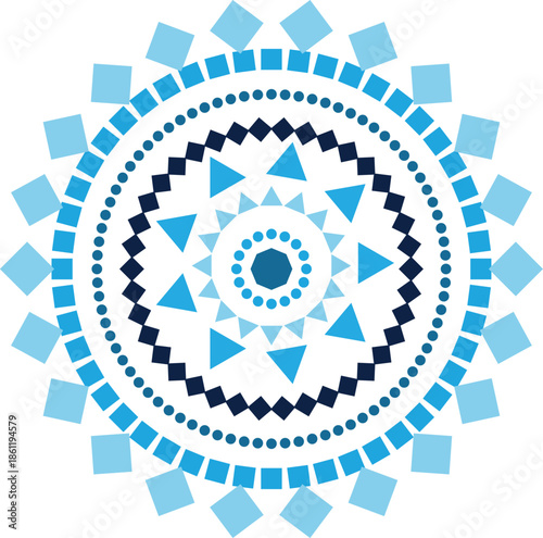 Intricate mandala pattern design with geometric shapes and symmetrical elements in blue and white