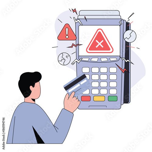 A man cautiously using a credit card on a payment terminal with warning signs indicating potential security issues.