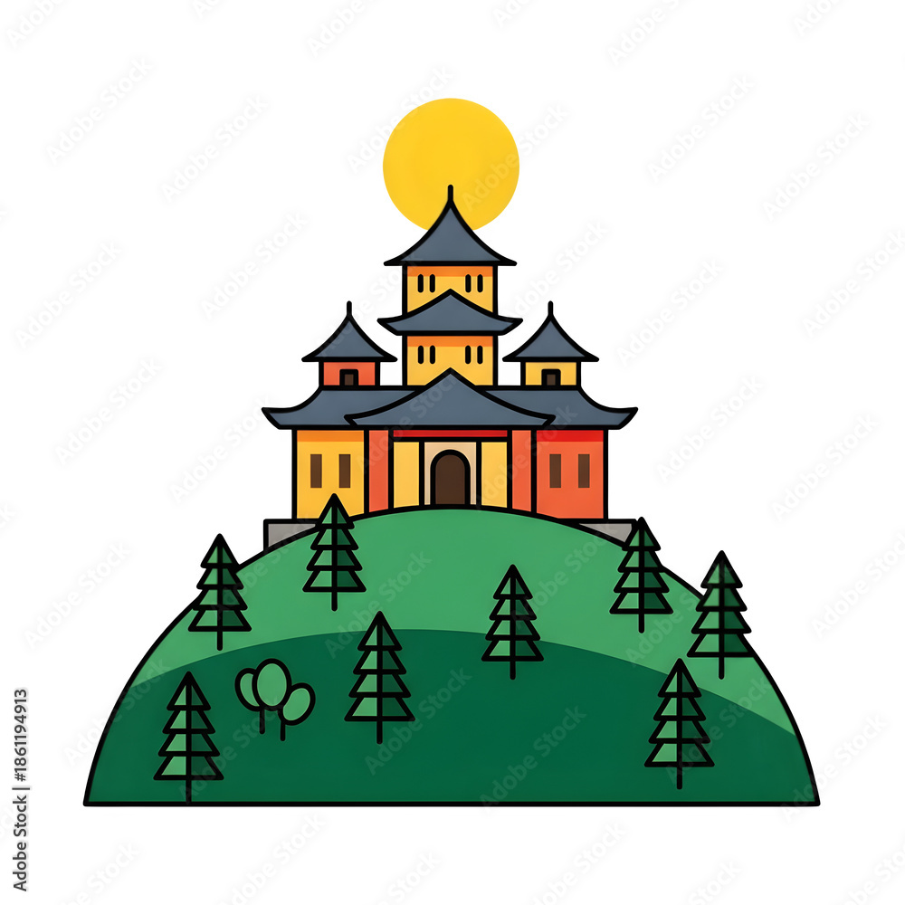 Naklejka premium Traditional Asian Pagoda Temple on Green Hill Under Sun - Cultural Architecture Landmark Illustration Transparent Background