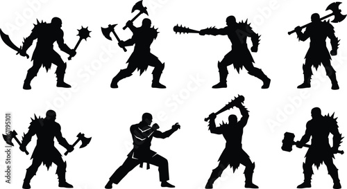 Fantasy warrior silhouettes wielding weapons set, barbarian fighters combat poses collection, medieval battle characters isolated black on white background illustration