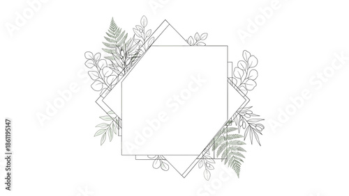 Elegant minimalist botanical frame with geometric diamond shapes and lush foliage line art, perfect for wedding invitations, greetings, and decorative graphic design projects