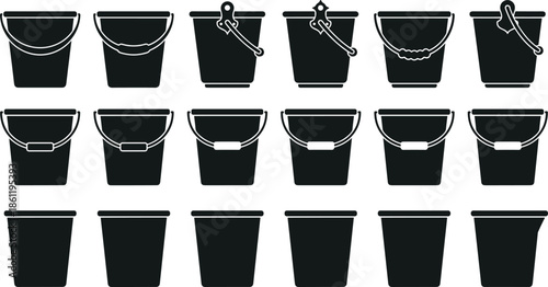 Black Bucket Icon Set, Plastic Pail Silhouettes, Cleaning Equipment Collection, Gardening Tool Symbols, Water Container Graphics, Vector Industrial Household Bucket Outlines,