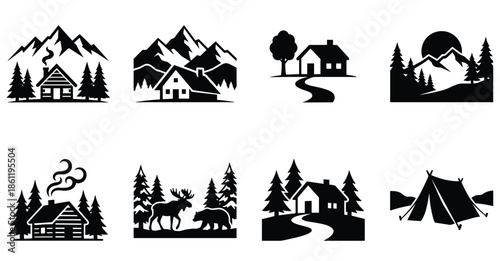 Set of black mountain cabin silhouettes, camping tent, forest animals, and nature landscapes for outdoor adventure, hiking, and travel designs