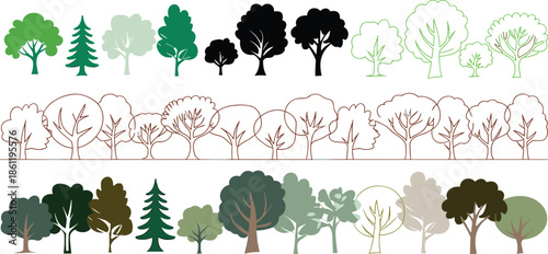 Clean vector forest tree illustration set, minimal flat nature icons, deciduous and pine trees, landscape elements collection, modern eco design