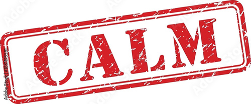 A rectangular red stamp displaying the word calm in bold uppercase letters isolated on a white background
