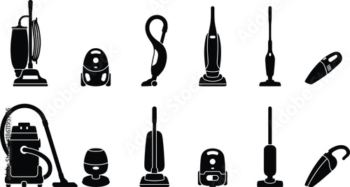 Set of black vacuum cleaner silhouettes featuring robotic, handheld, upright, canister, and industrial models for home cleaning, maintenance, and appliance service