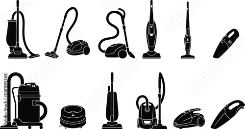 Set of black vacuum cleaner silhouettes featuring robotic, handheld, upright, and canister models for home cleaning, household maintenance, and appliance service