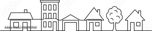 Minimalist continuous one line drawing of a suburban neighborhood street with various houses, an apartment building, a tree, and garage,
