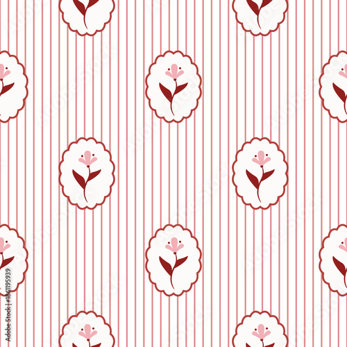 Rustic Romantic Meadow pink Flowers and red Stripes Vector Seamless Pattern. Cottagecore Garden Flowers print