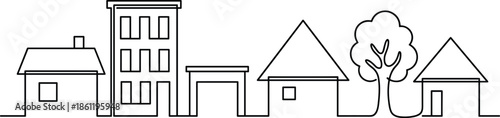 Minimalist continuous one line drawing of a suburban neighborhood street with various houses, an apartment building, a tree, and garage,