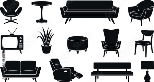 Black silhouette vector icon set of mid century modern furniture including sofas, armchairs, retro television, lamps, tables, and indoor plants,