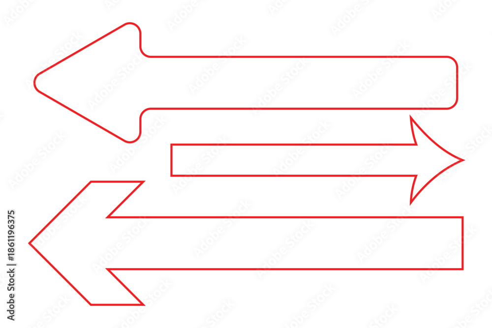 Fototapeta premium Long arrows. Red arrow pointing vector. Red left arrow icon. Straight long arrow pointing . Vector red long arrow icon. Thin long arrow vector icon. A solid long arrow pointing on white background.