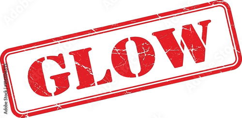 A rectangular red stamp with the word glow prominently displayed in large bold white capital letters is shown