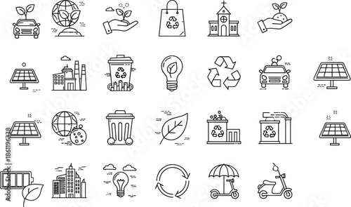 Eco icon set, sustainability symbols, renewable energy graphics, recycling transportation visuals, solar panel scooter, green living illustration, environmental awareness line art