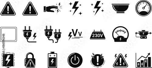 Electricity safety icons, voltage warning symbols, power plug graphics, battery meter signs, electrical hazard visuals, black white grid, technical signage set