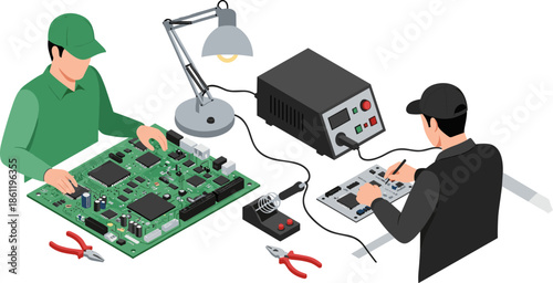 Electronics lab workspace, circuit board repair, soldering station setup, hands-on engineering, PCB testing, tech workshop, electronic components, professional hardware maintenance