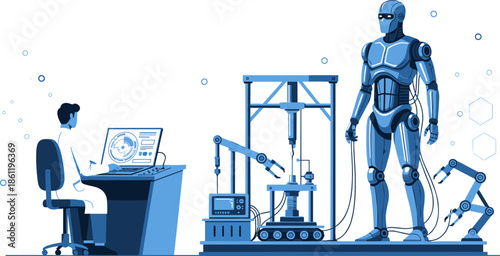Futuristic robotics lab, humanoid robot testing, AI development scene, scientist programming bot, advanced machinery setup, cybernetic research station, high-tech diagnostic environment