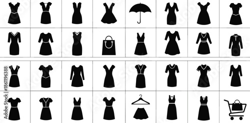 Collection of black dress silhouettes and fashion icons
