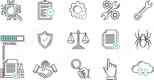 Cybersecurity icon set, digital compliance symbols, tech inspection visuals, secure system tools, cloud sync graphics, malware alert icons, modern IT workflow illustration