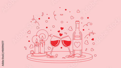 Romantic line art illustration of a wine toast with candles and hearts, perfect for Valentine's Day or anniversaries.