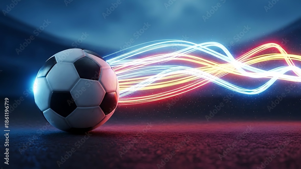 Naklejka premium Soccer ball with glowing neon light trails symbolizing energy, speed, and dynamism in the sport.