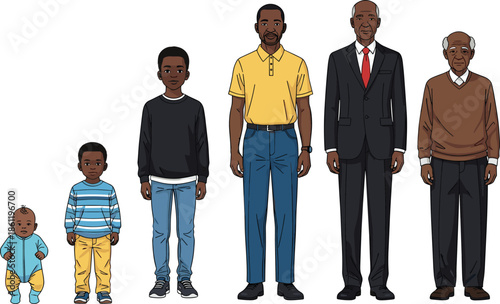Male aging stages illustration, human life cycle from baby child teen adult senior, growth comparison isolated on white background