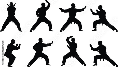 Martial arts silhouettes performing fighting poses set, karate kung fu action stances collection, isolated black athlete figures on white background illustration