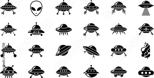 Collection of modern alien spaceship icons and extraterrestrial face