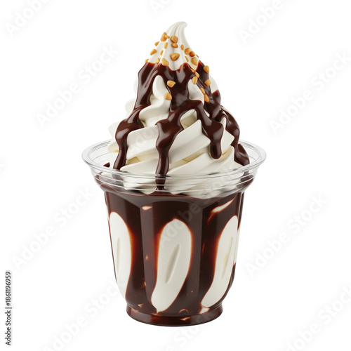 Vanilla soft serve ice cream sundae dessert in plastic cup with chocolate sauce and nuts