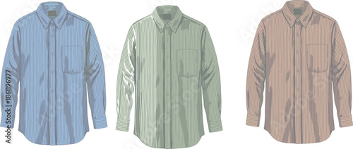 Set of flat vector illustrations for girls summer dresses and mens button down shirts in pastel colors for fashion design